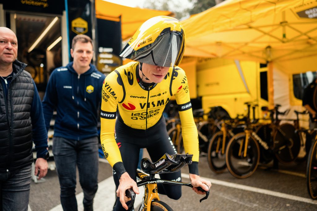 The image shows Jonas Vingegaard wearing Giro's new time trial helmet. 