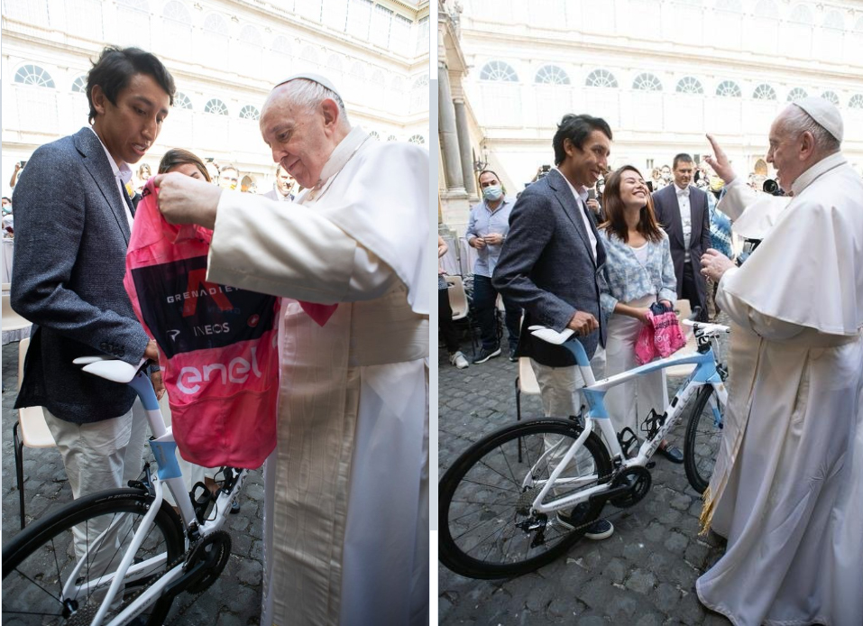 Left: Egan Bernal and the Pope look at a signed Maglia Rosa. Right: The Pope raises one hand in an apparent blessing, as Egan Bernal and his partner smile. 