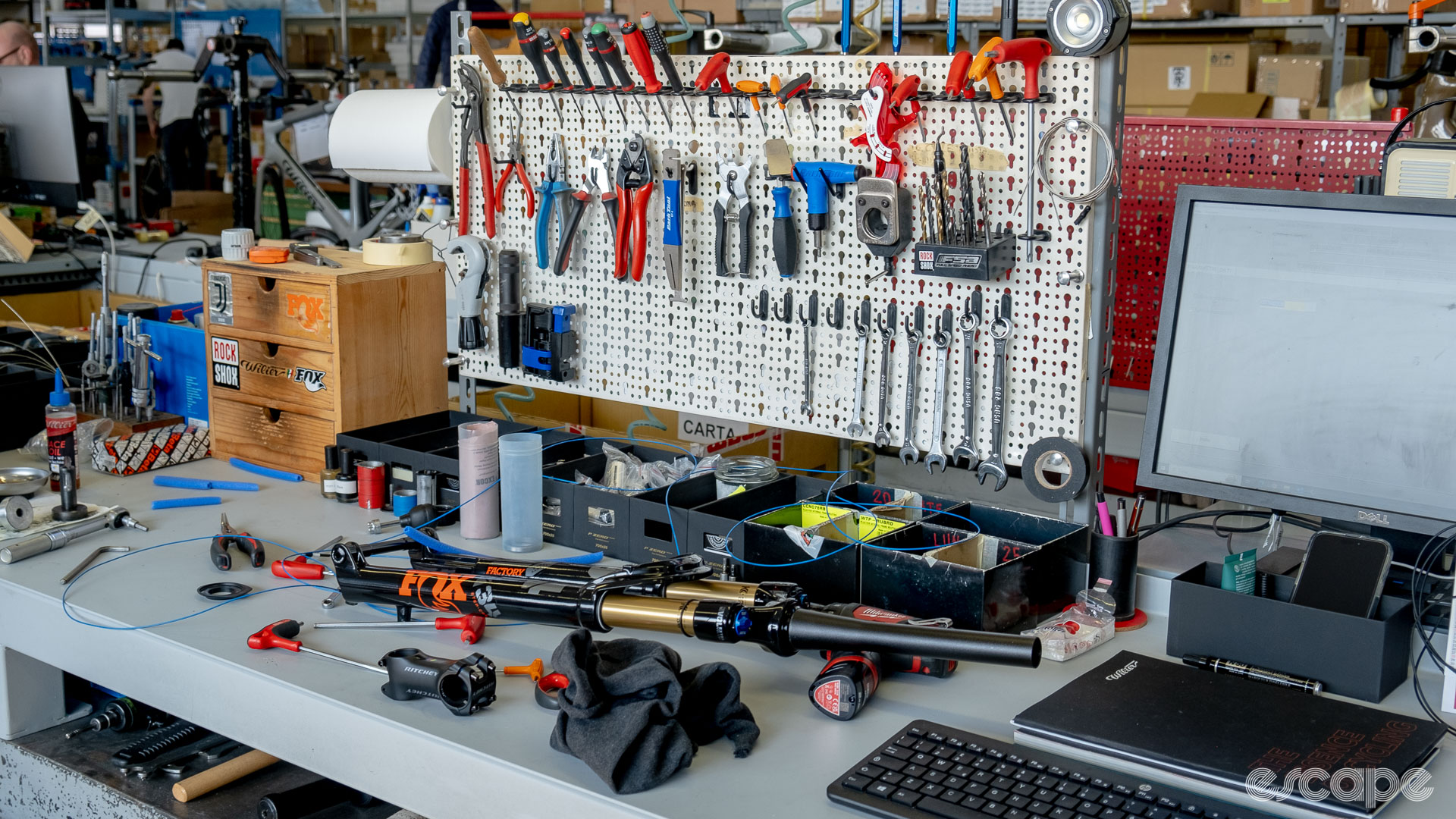The photo shows one work station on Wilier's assembly line 