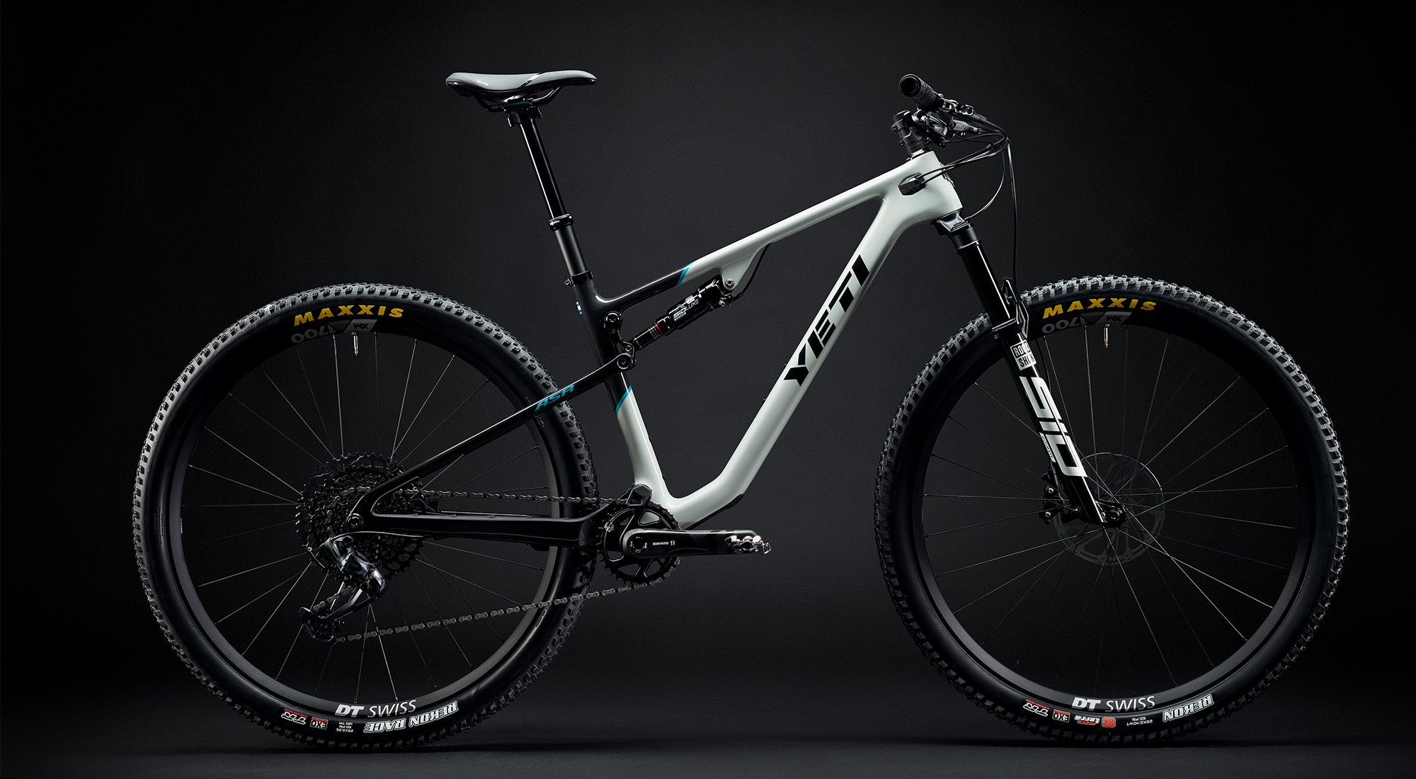 A T-Series complete bike with a black background, studio image by Yeti. 