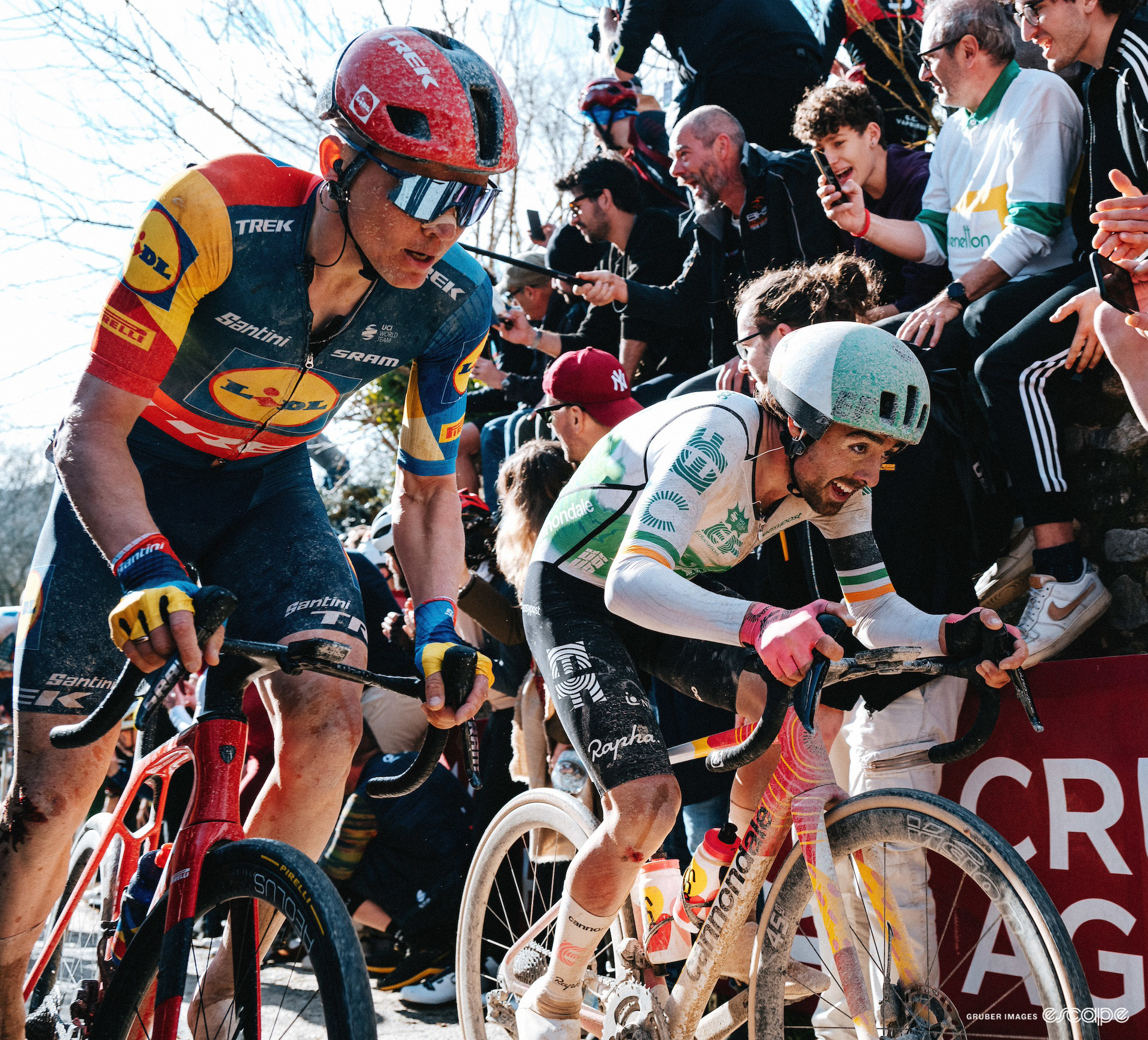 Toms Skujins and Ben Healy pictured during 2024 Strade Bianche.