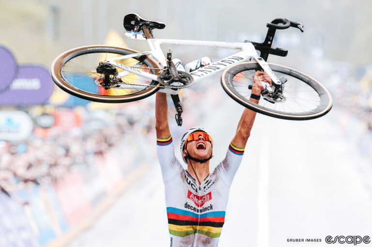 Mathieu van der Poel raises his Canyon Aeroad over his head in triumph as he stands over the finish line of the 2024 Tour of Flanders.