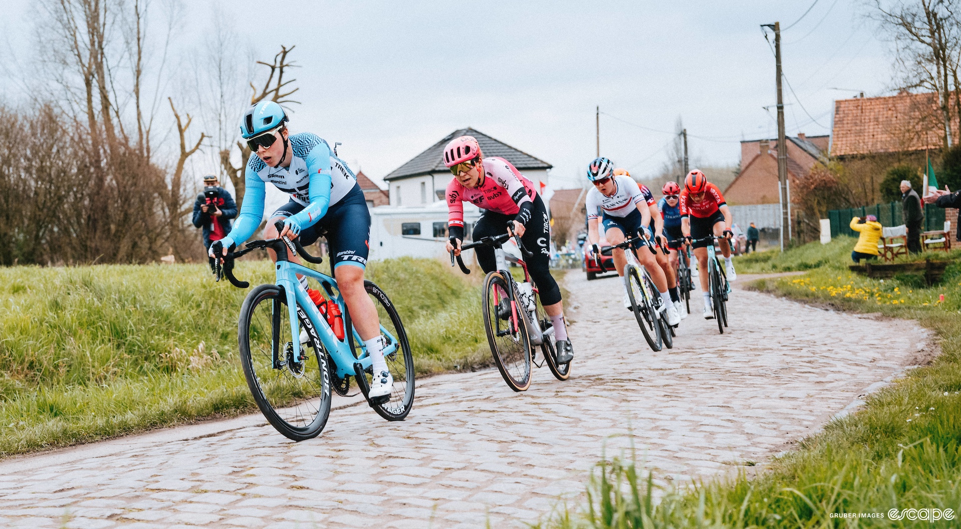 Alison Jackson rides the cobbles i the early break at the 2023 Paris-Roubaix. Lisa Klein from Trek-Segafredo is in front of her.