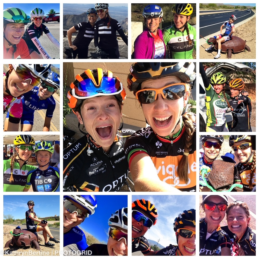 A collage of selfies taken by Kathryn Bertine and Lauren Hall. A center photo of the two of them with wide, open-mouth smiles is surrounded by a dozen more smaller ones in various team kits and poses and locations.