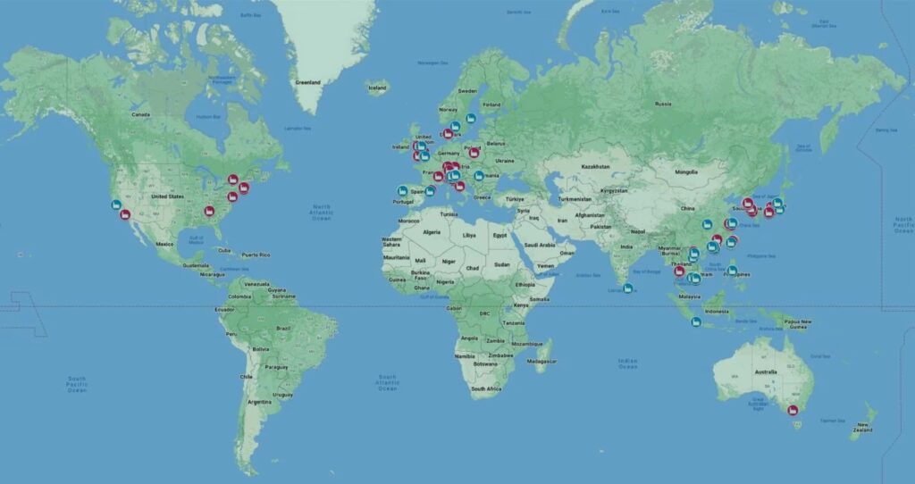 A map of factory locations for Rapha. The zoomed-out image shows every country on earth, with blue and red factory icons clustered in eastern Europe and southeast Asia.