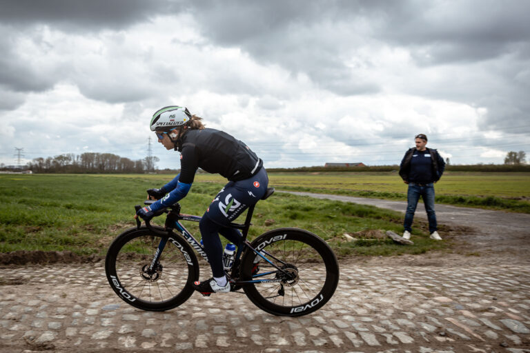 Kim Le Court-Pienaar rides cobbles at Roubaix during a course recon