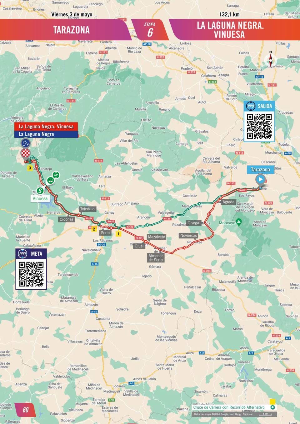 The route of stage 6 of La Vuelta Femenina. After the start in Tarazona the race describes a lazy southward curve before trending back north on its westerly run to the finish atop La Laguna Negra.