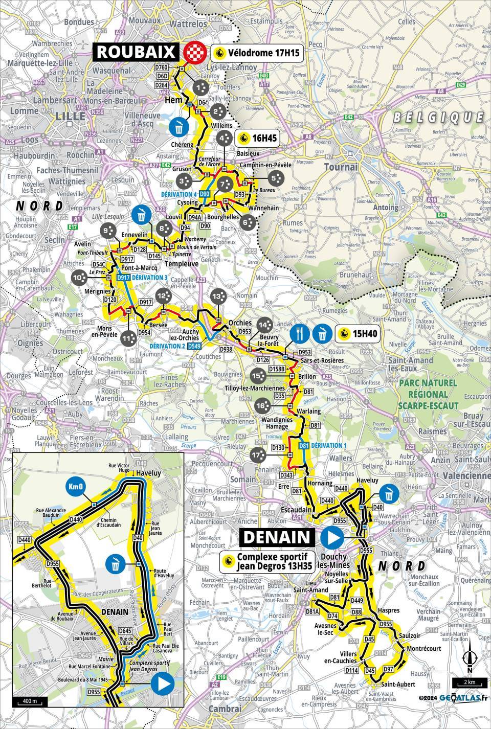 The course map of Paris-Roubaix Femmes 2024, with a start in Denain and a shallow southern loop followed by a meandering route back north to the finish in Roubaix. 