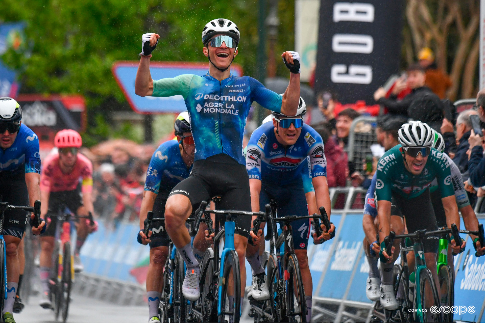 Paul Lapeira looks delighted as he sprints to victory on stage 2 of 2024 Itzulia Basque Country.