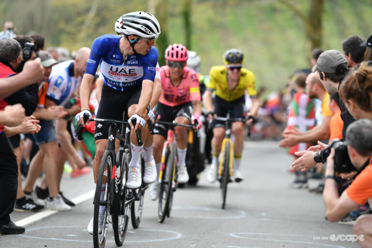 Juan Ayuso in the blue best-young-rider's jersey during stage 6 of Itzulia Basque Country 2024.