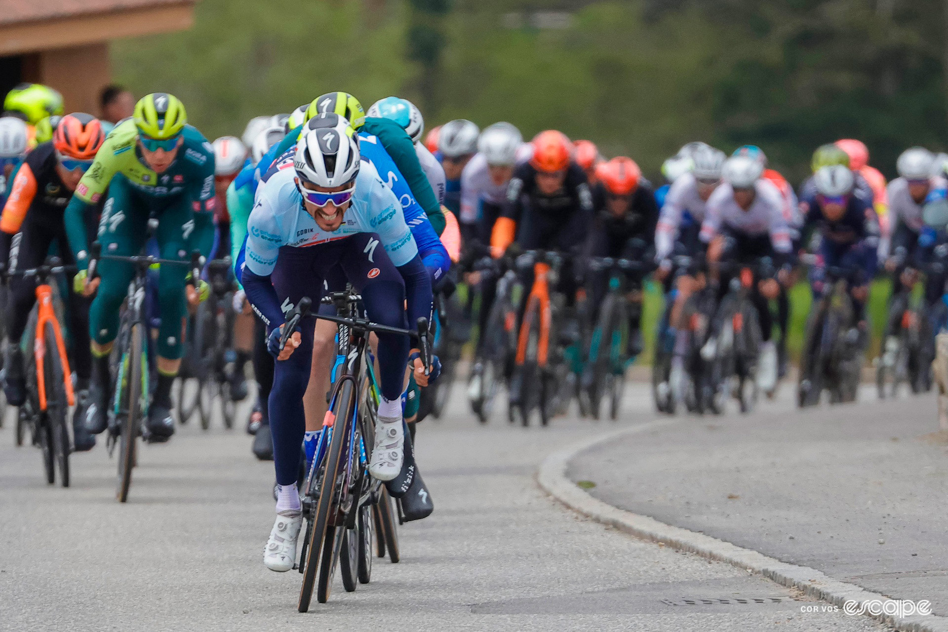 Julian Alaphilippe on the attack during the first road stage of the Tour de Romandie.