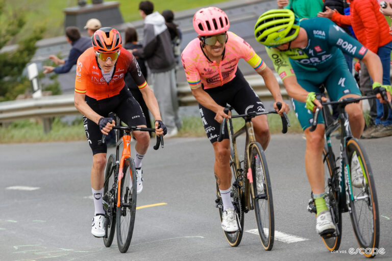 Florian Lipowitz, Richard Carapaz and Carlos Rodríguez on the Queen Stage of the 2024 Tour de Romandie.