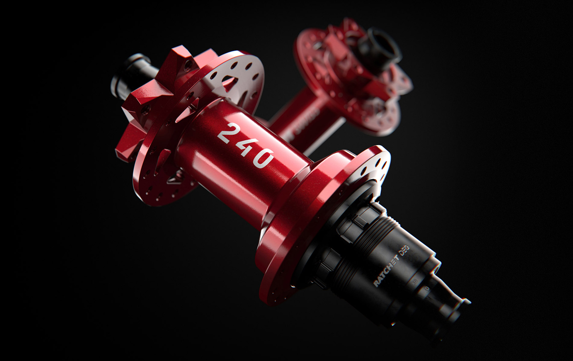 DT Swiss stock image of the new DT Swiss 240 DEG rear hub in a limited edition red colour to celebrate 30 years. 