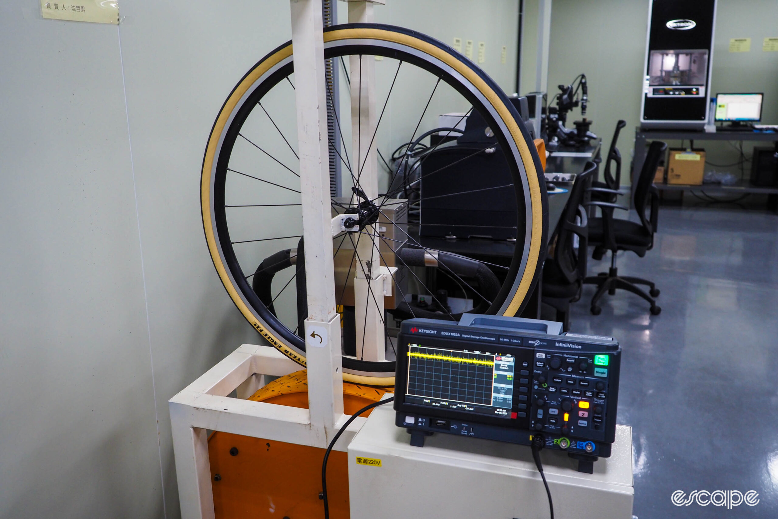 Goodyear Bicycle Tires factory tour rolling resistance tester
