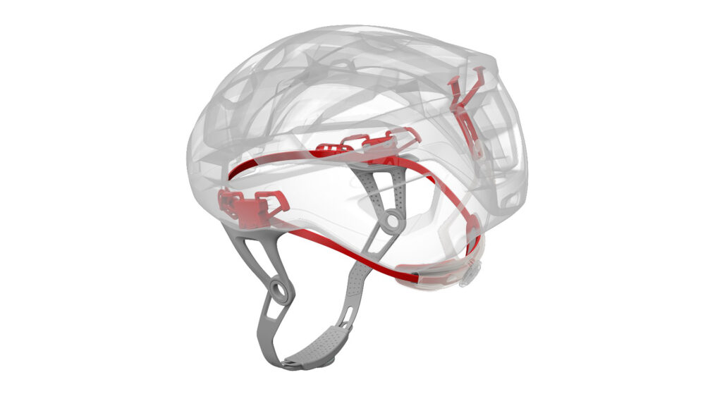 The image shows a scan type view of a helmet with the new HighBar strap system