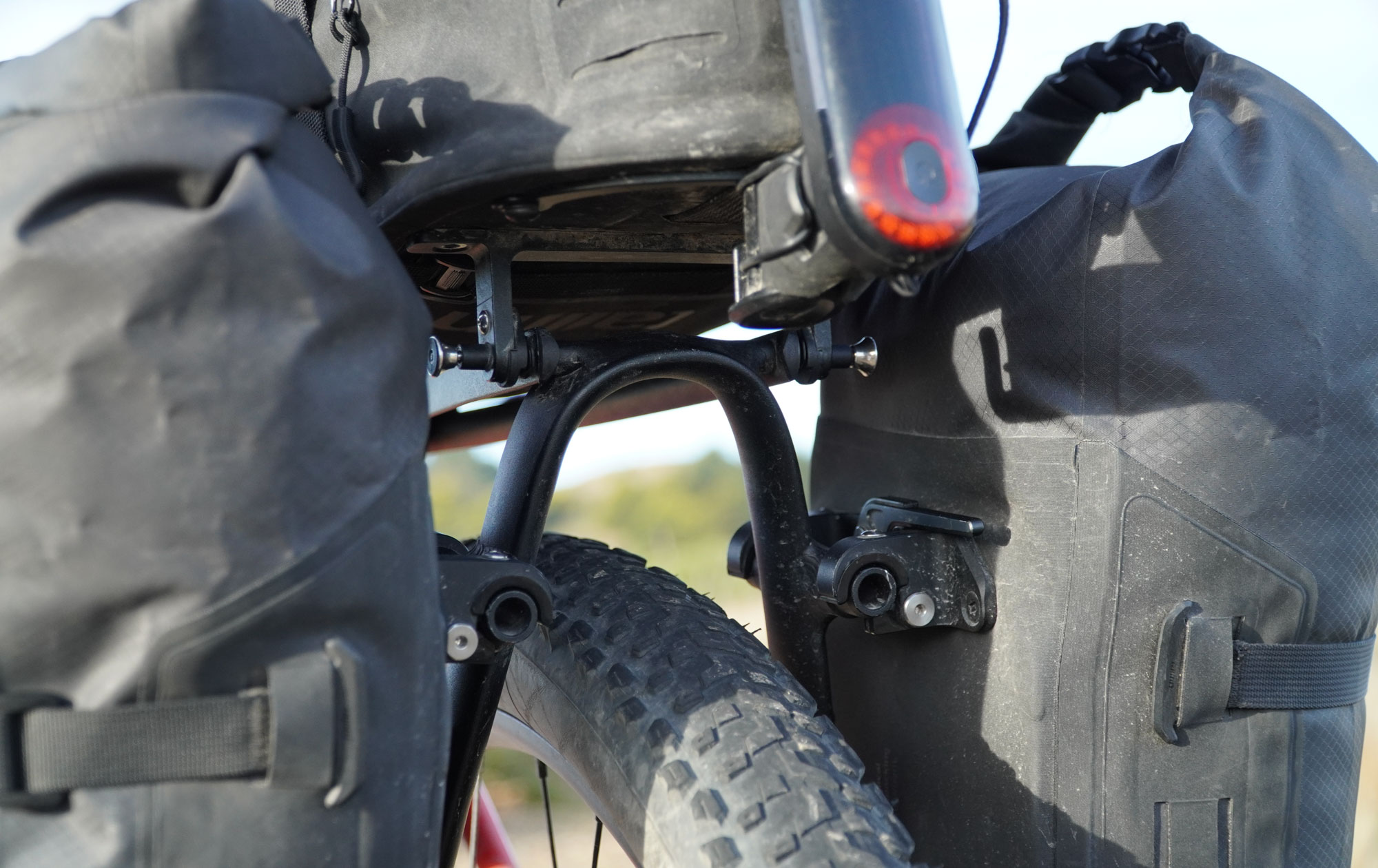A closeup of the Tailfin rear rack with its sturdy tubular construction.