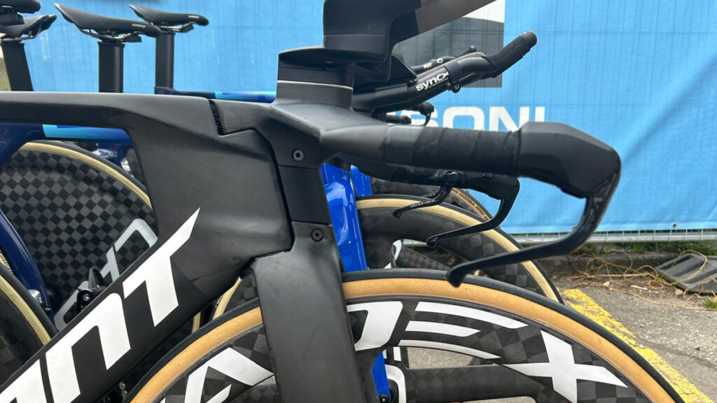 The image shows the head tube and fork on Luke Plapp's new Giant Trinity TT bike.