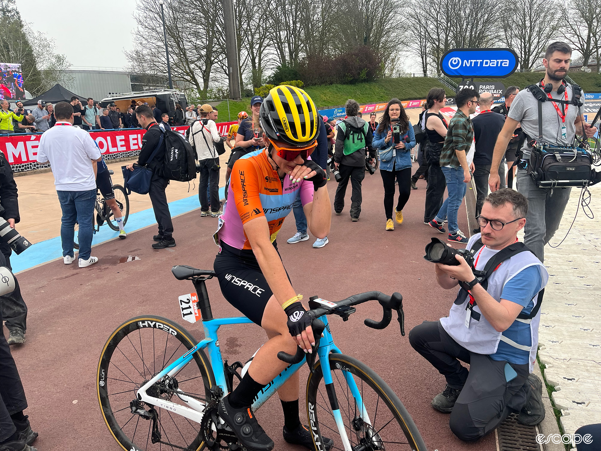 Floraine Bernard finishes Paris-Roubaix.