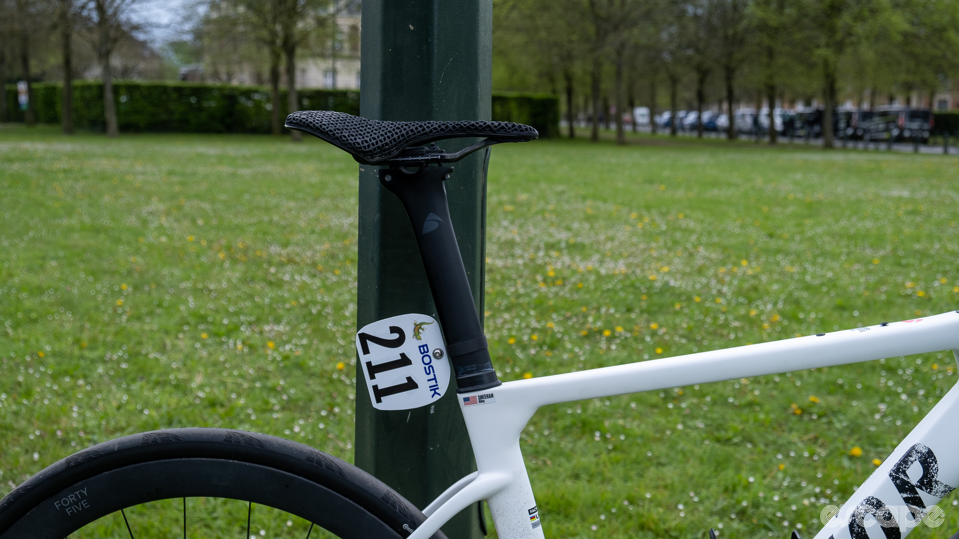 The image shows the saddle on Riley Sheehan’s Factor Ostro Gravel.