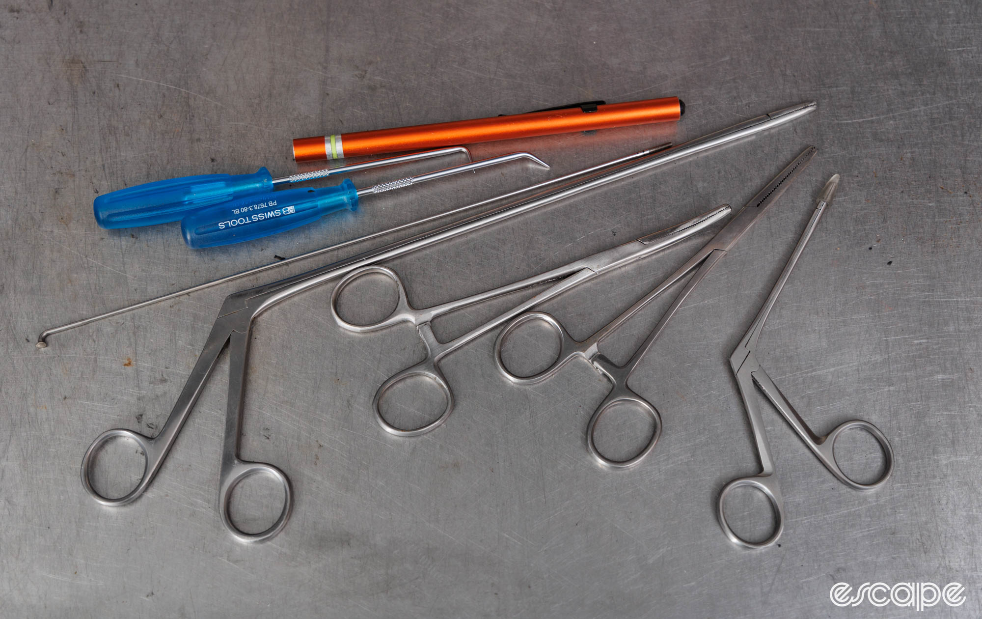 A handful of surgical-type tools on a bench. Many are forceps. 
