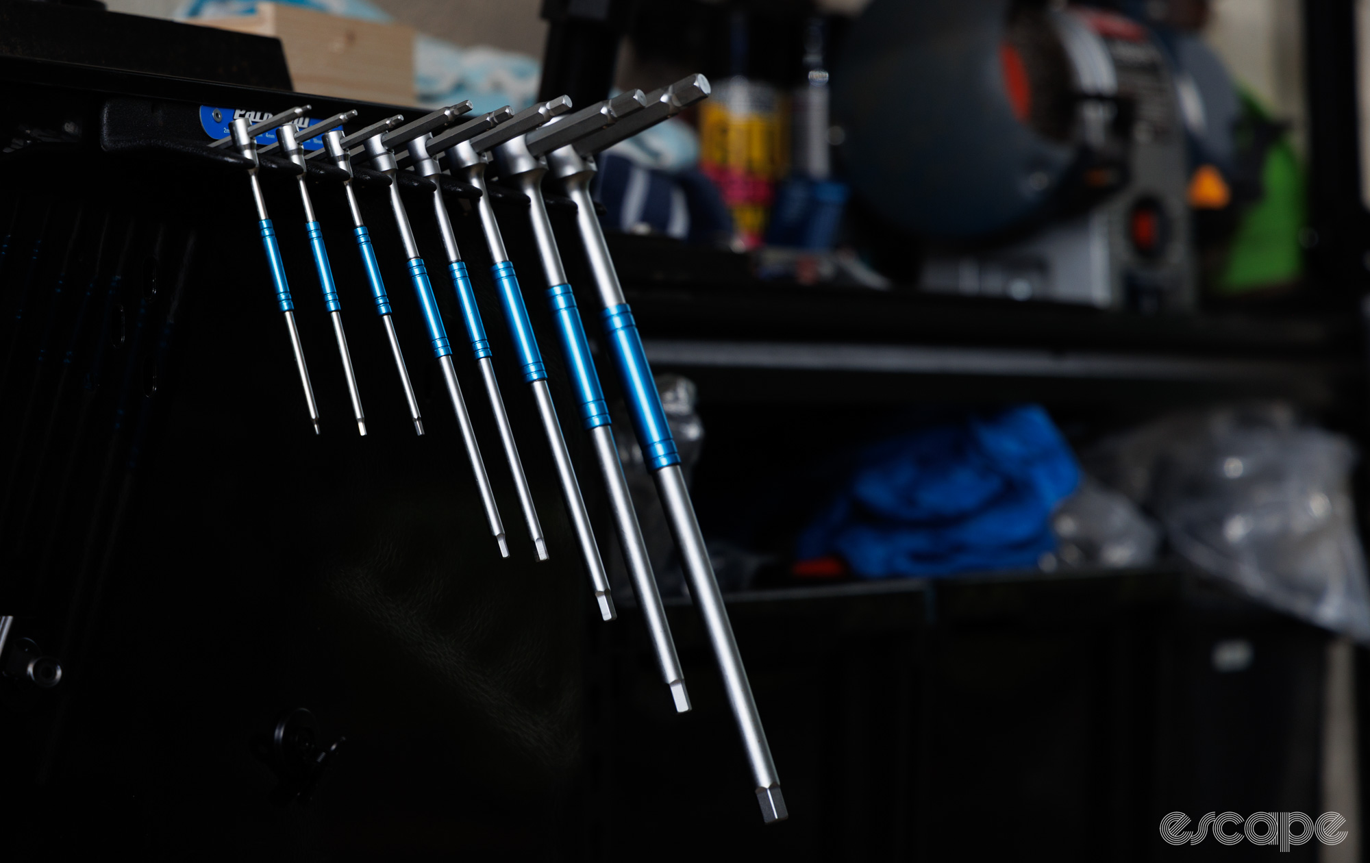 Park Tool T-handle hex wrench set hangs from its holder. 