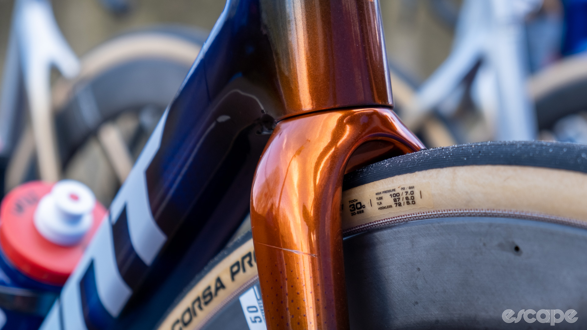 The image shows a close-up shot of the fork crown on the new TCR with shiny chrome bronze paint. 