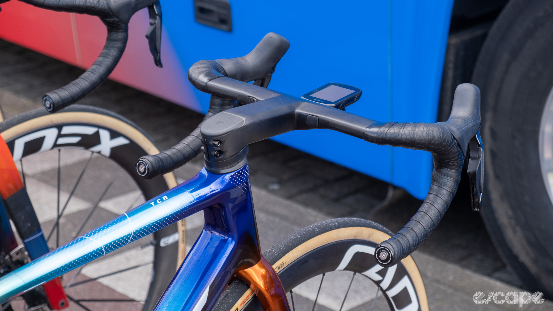 The image shows a view of Matthews' handlebars from behind. 