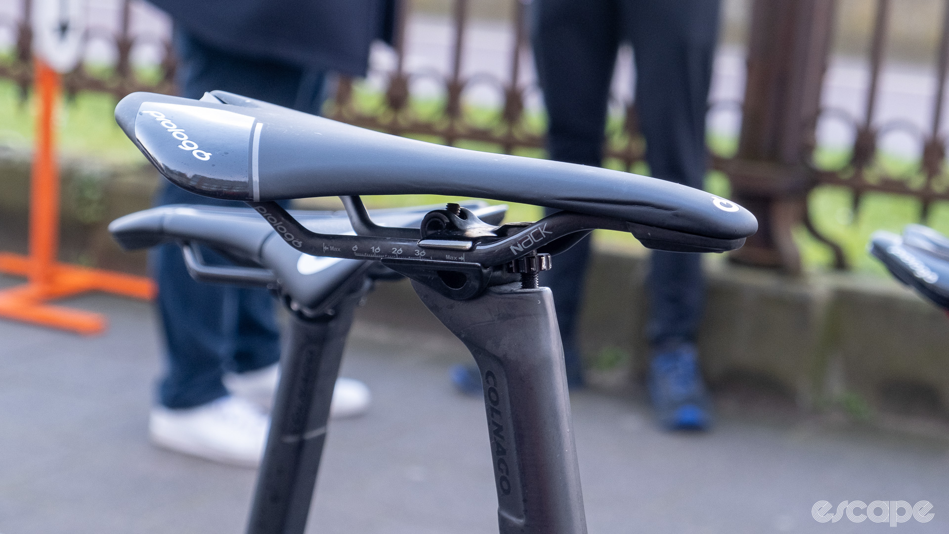 The image shows Nils Politt saddle from the side highlighting the rear ward position on a set back seat post. 