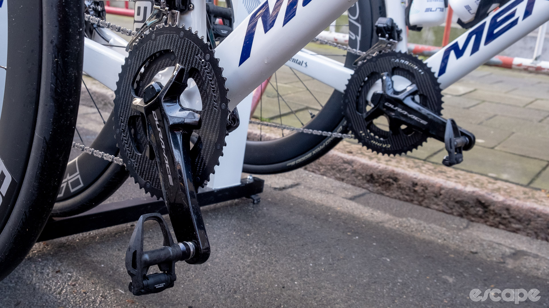 The image shows Carbon-Ti chainrings on Shimano Dura-Ace cranks.
