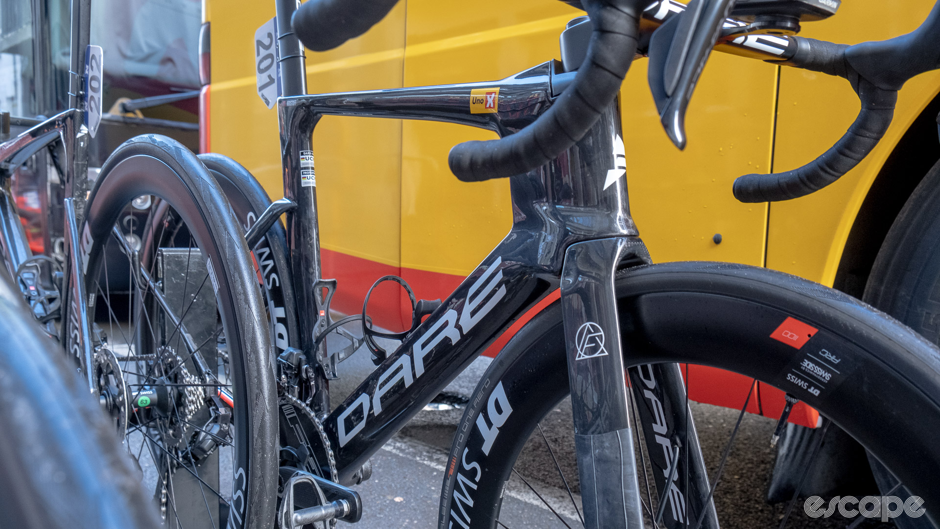 The image shows a side to head on shot of the new Dare aero bike, the down tube, fork leg, and some of the head tube are visible. 
