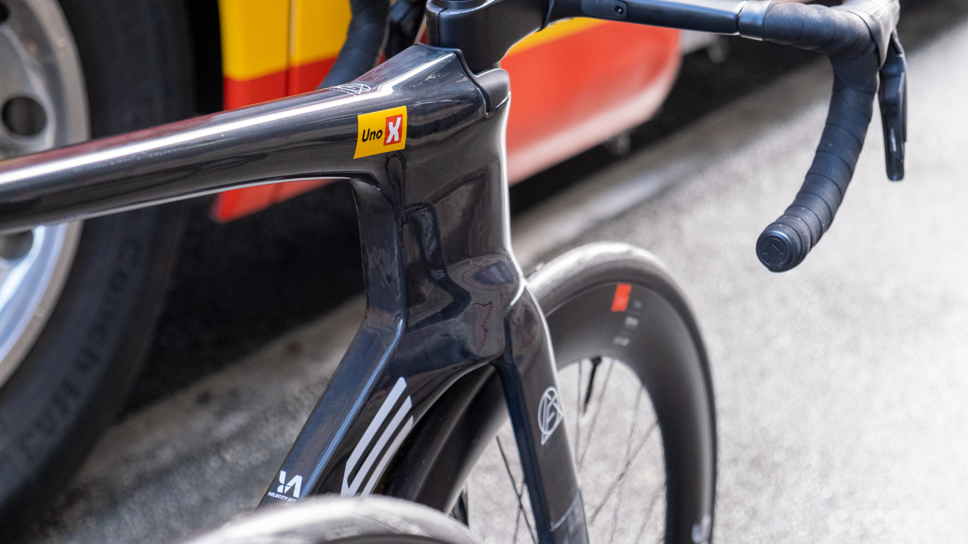The image shows the side and rear of the head tube on the new Dare aero bike.