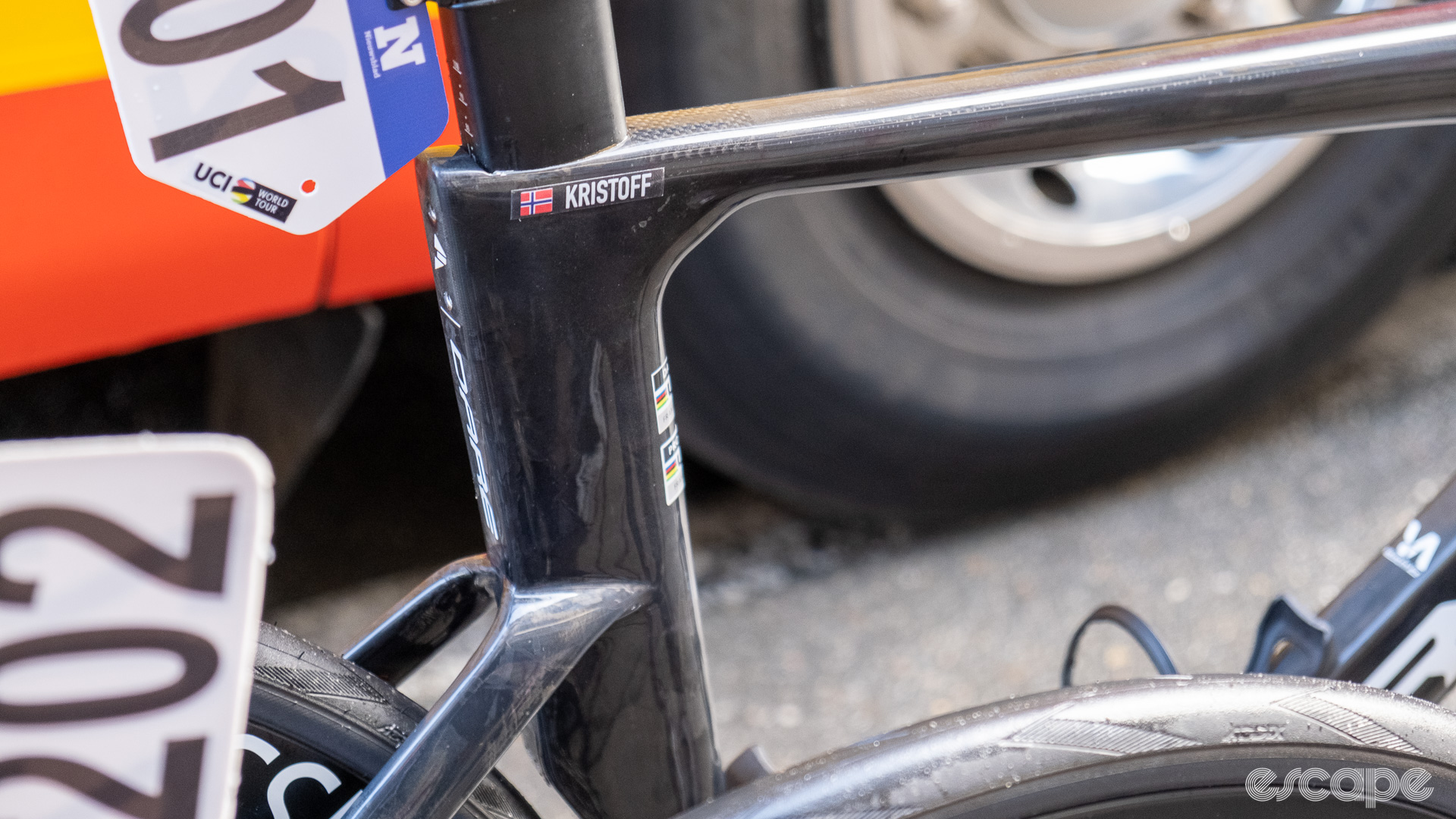 The image shows the aero profiled seat tube on the new Dare aero bike. 