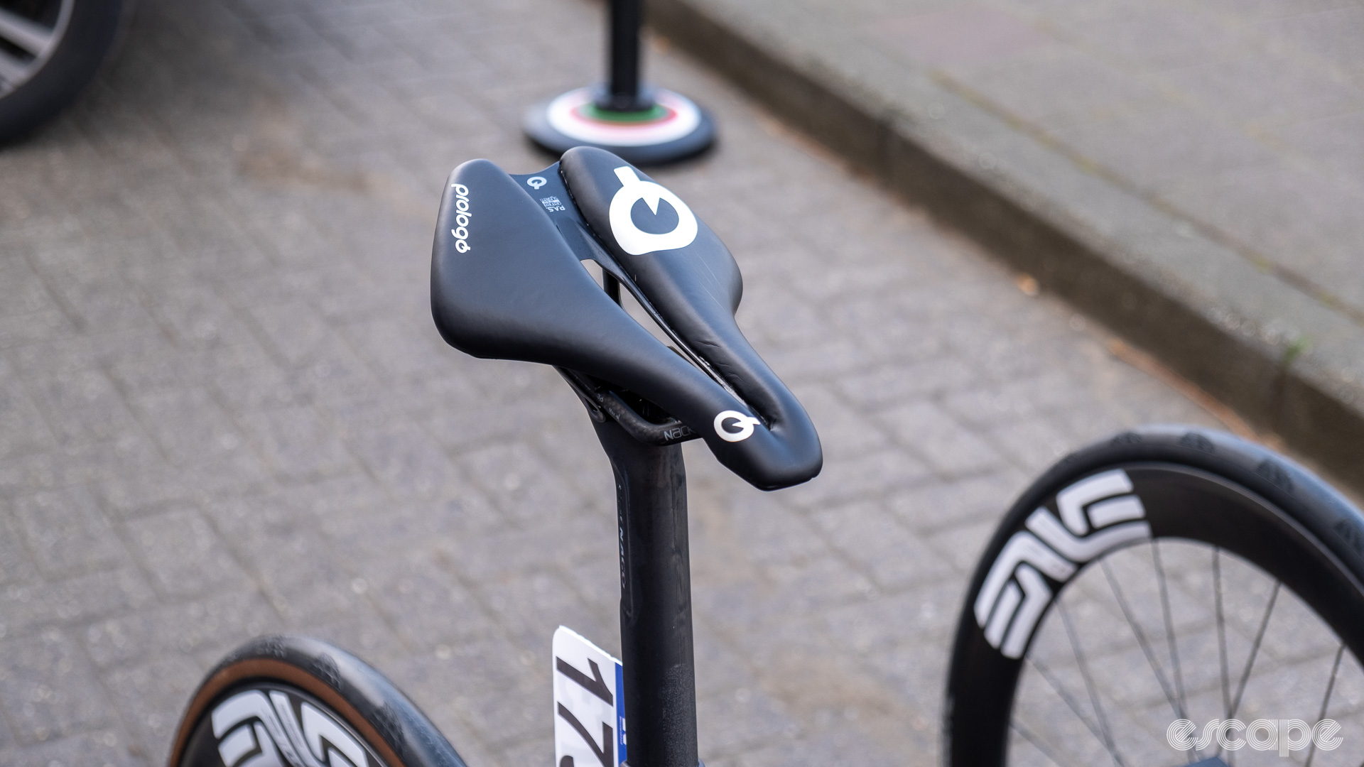 The image shows Mikkel Bjerg's saddle which appears to have additional padding.