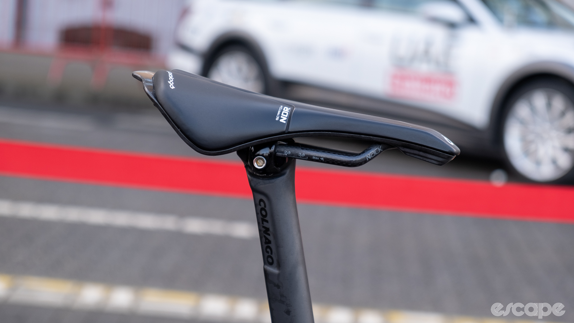 The image shows Tim Wellens Prologo saddle side on mounted to an inline seat post. 