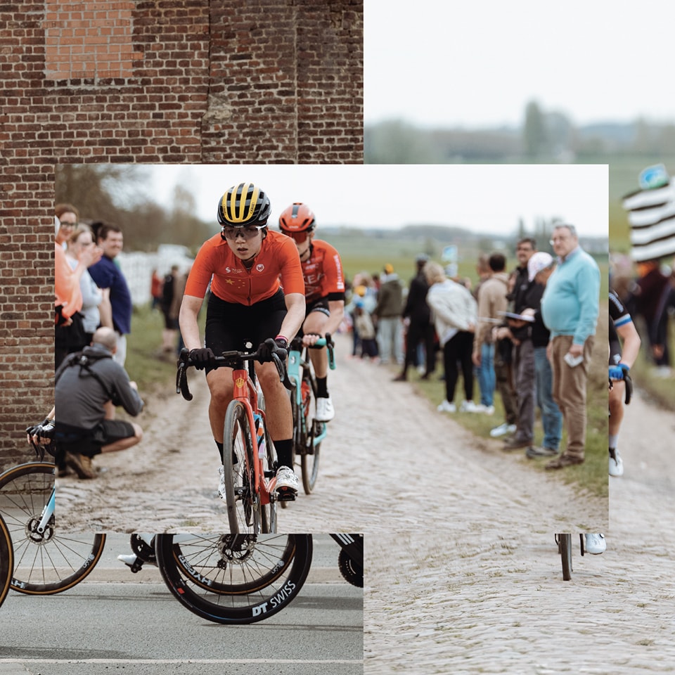 A photo collage showing Luyao Zeng racing on cobbles at Paris-Roubaix Femmes, just ahead of an Arkea-B&B Hotels rider.