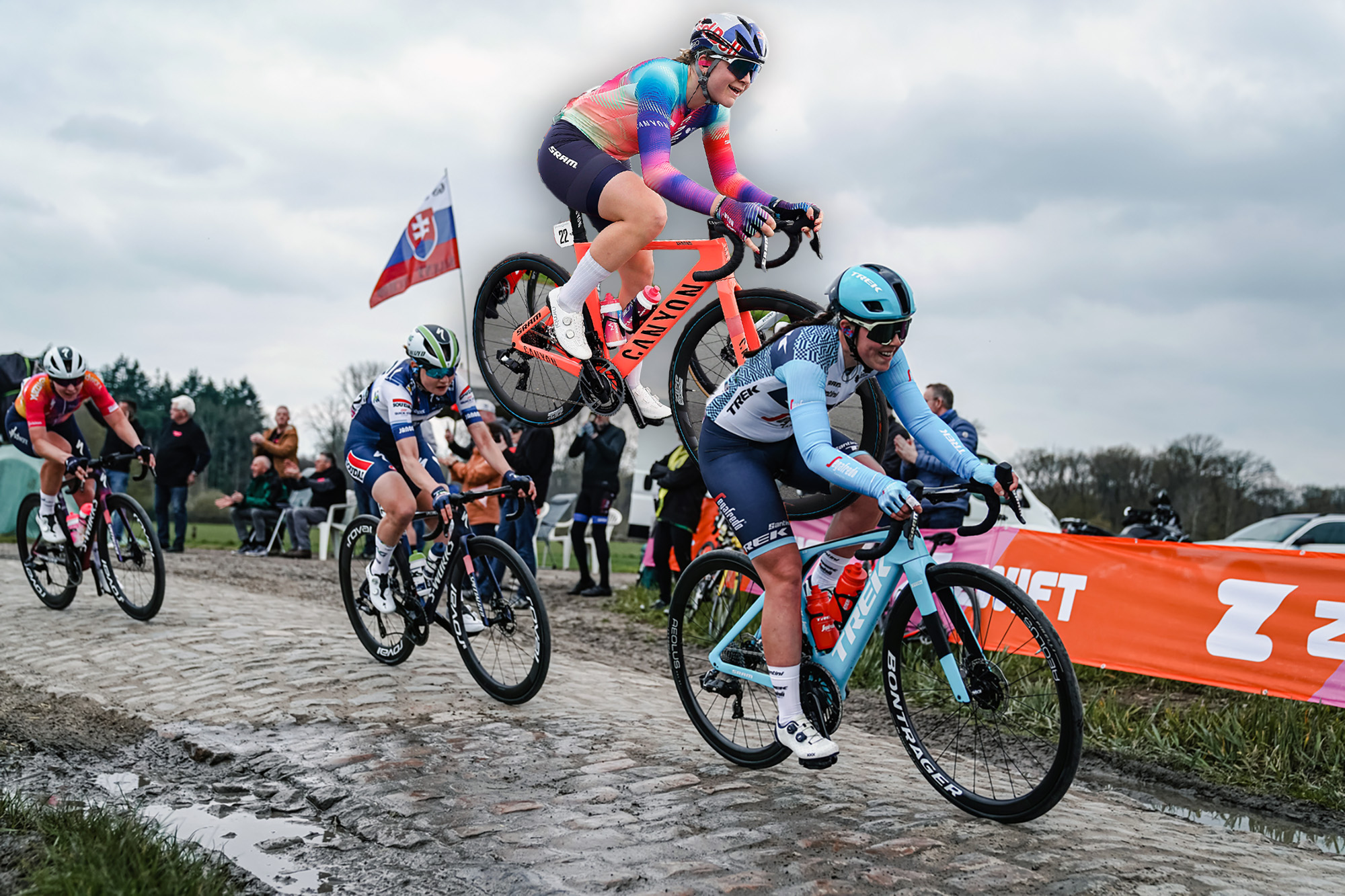 In this photo illustration Zoe Bäckstedt floats fancifully above riders on the cobbles as she passes "over their heads" to land in the Roubaix velodrome on her own.