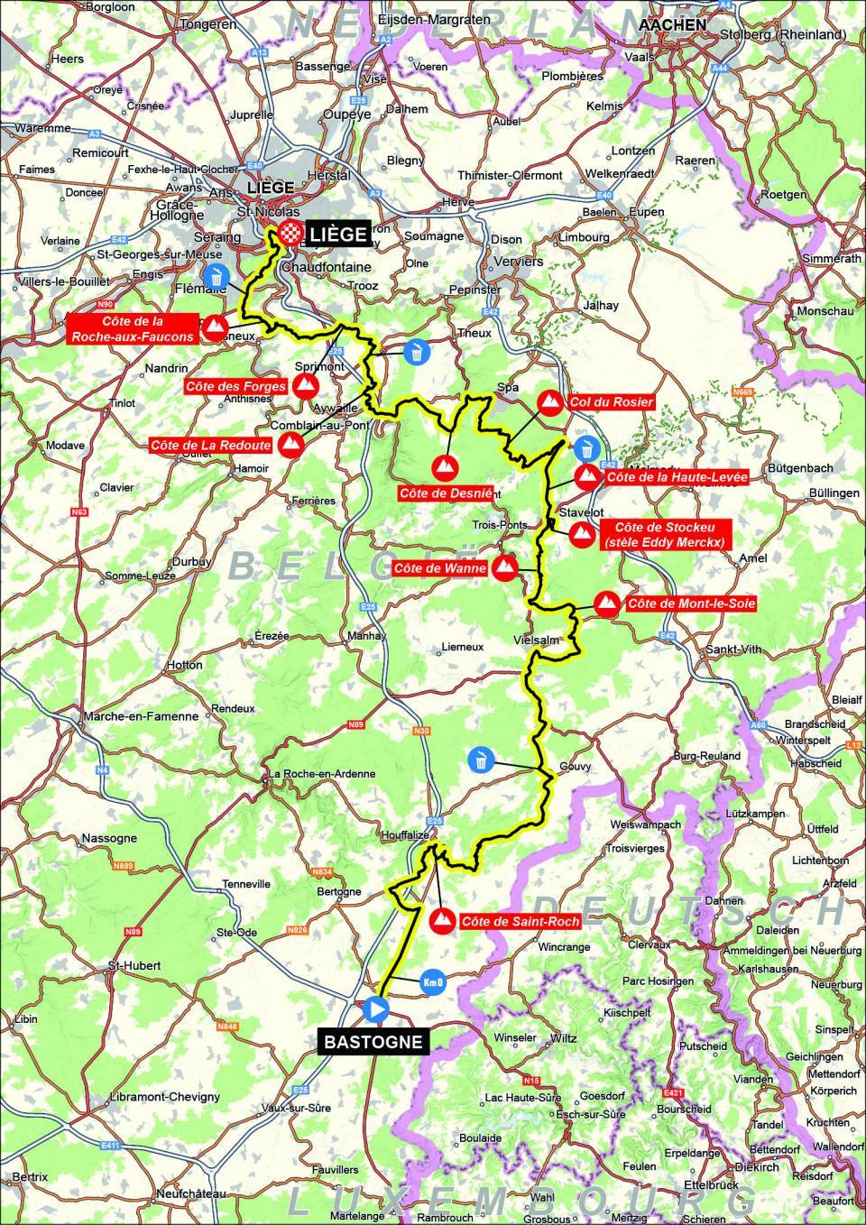 The course map for the 2024 Liège-Bastogne-Liège Femmes.