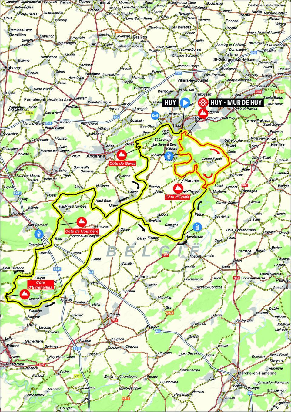 A map of the 2024 Fleche Wallonne course showing a large loop with several smaller climbs and a short loop around Huy.