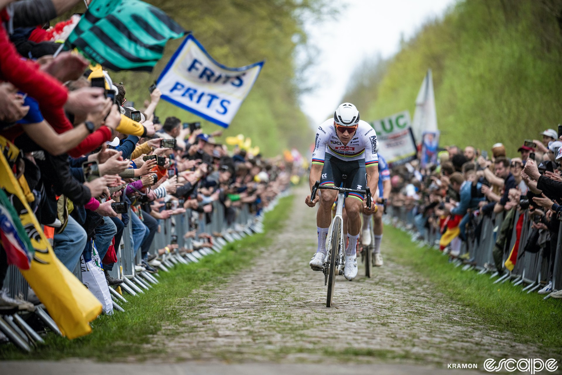 Mathieu van der Poel at the Arenberg Trench at Paris-Roubaix.