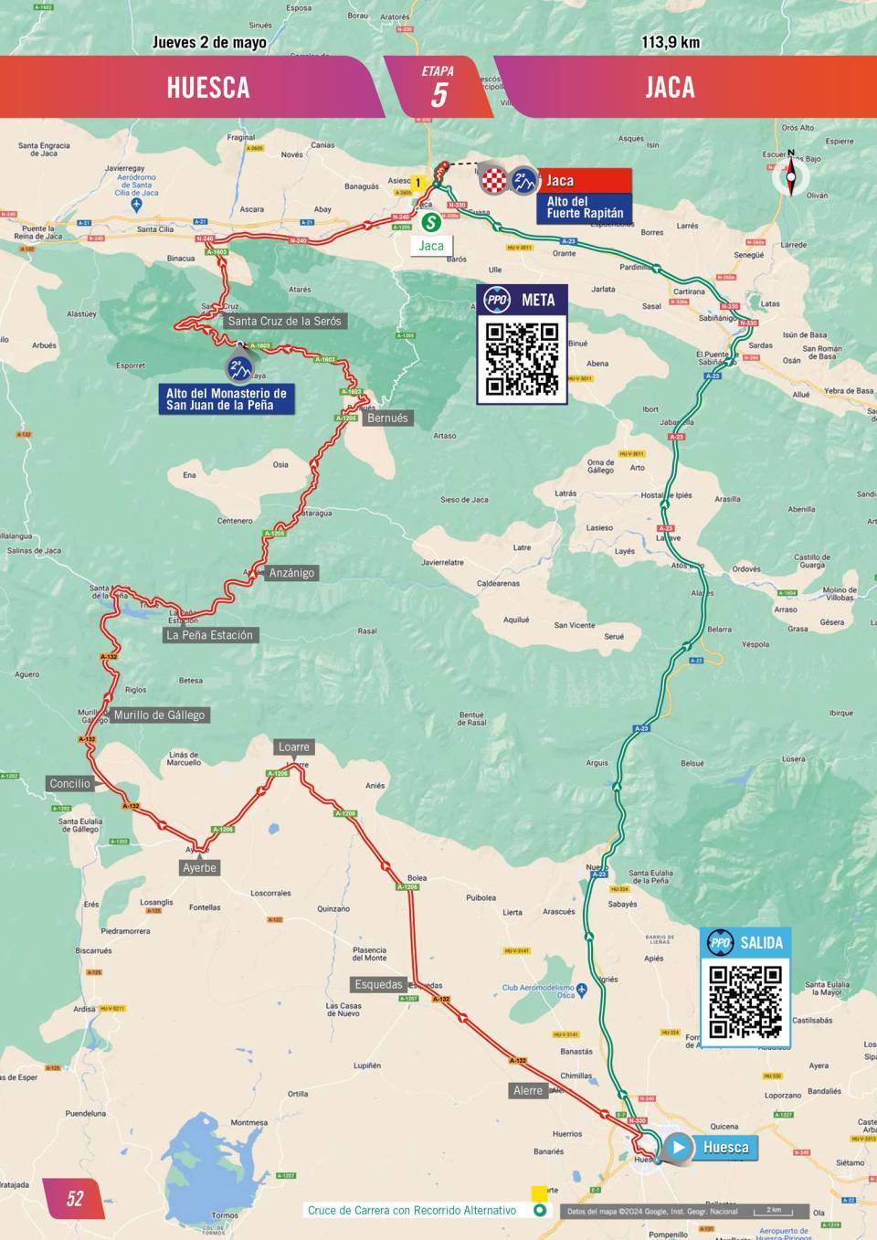 The route for stage 5 of the Vuelta Femenina, showing a winding route north from Huesca that zags west, tacks back east, and west again on the penultimate climb before the mountaintop finish at Jaca.