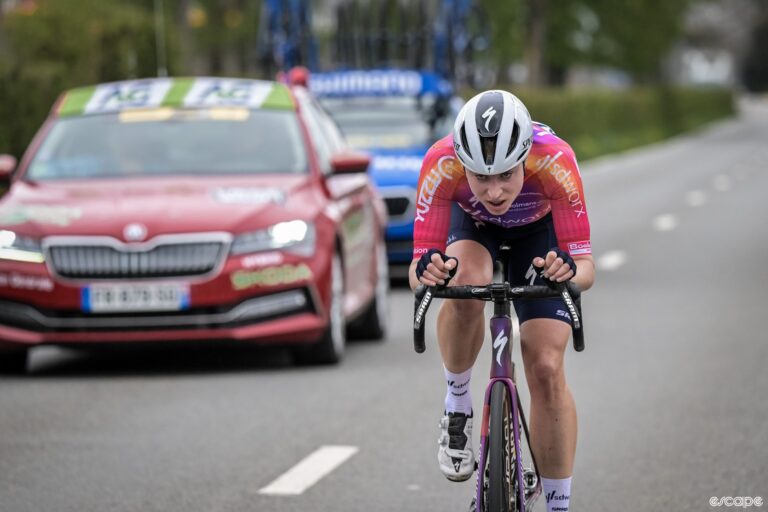 Marlen Reusser focuses on the road ahead of her while riding solo ahead of the peloton during Liege-Bastogne-Liege.