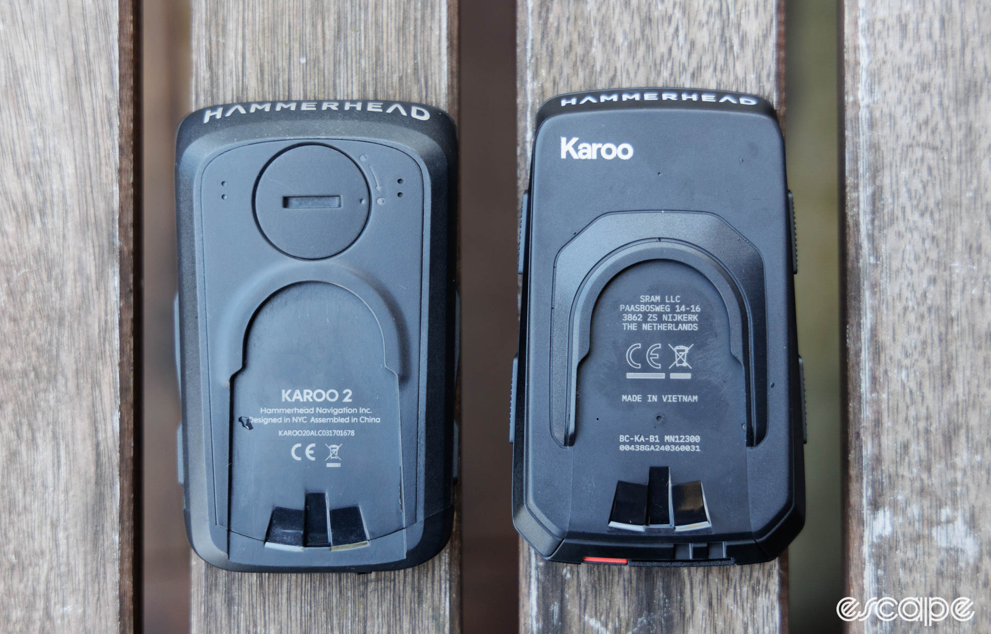 The Hammerhead Karoo 2 (left) and Hammerhead Karoo (right) next to each other. Both units are tipped upside down to show the backs. 