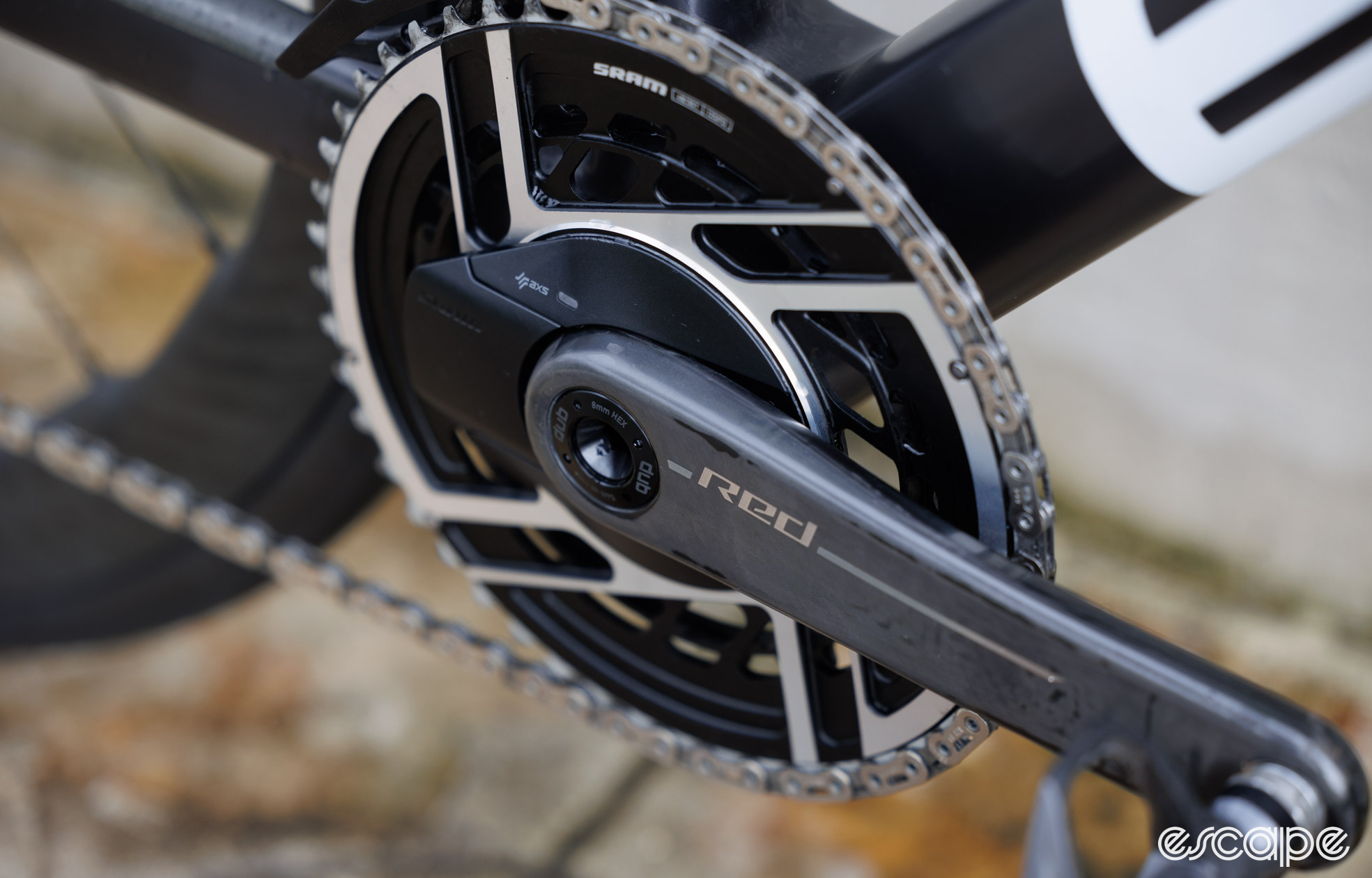 A close up of the chainring belonging to the SRAM Red AXS crank. 