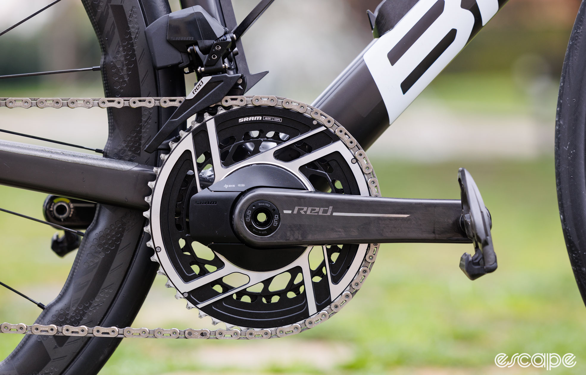 A side on view of the SRAM Red AXS crankset. 