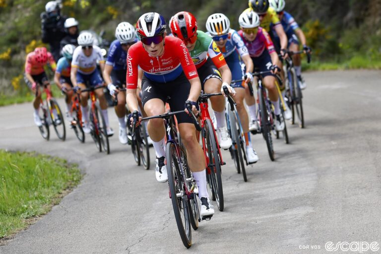 Demi Vollering leads a small pack of riders on the final climb on stage 5 of the 2024 Vuelta Femenina.