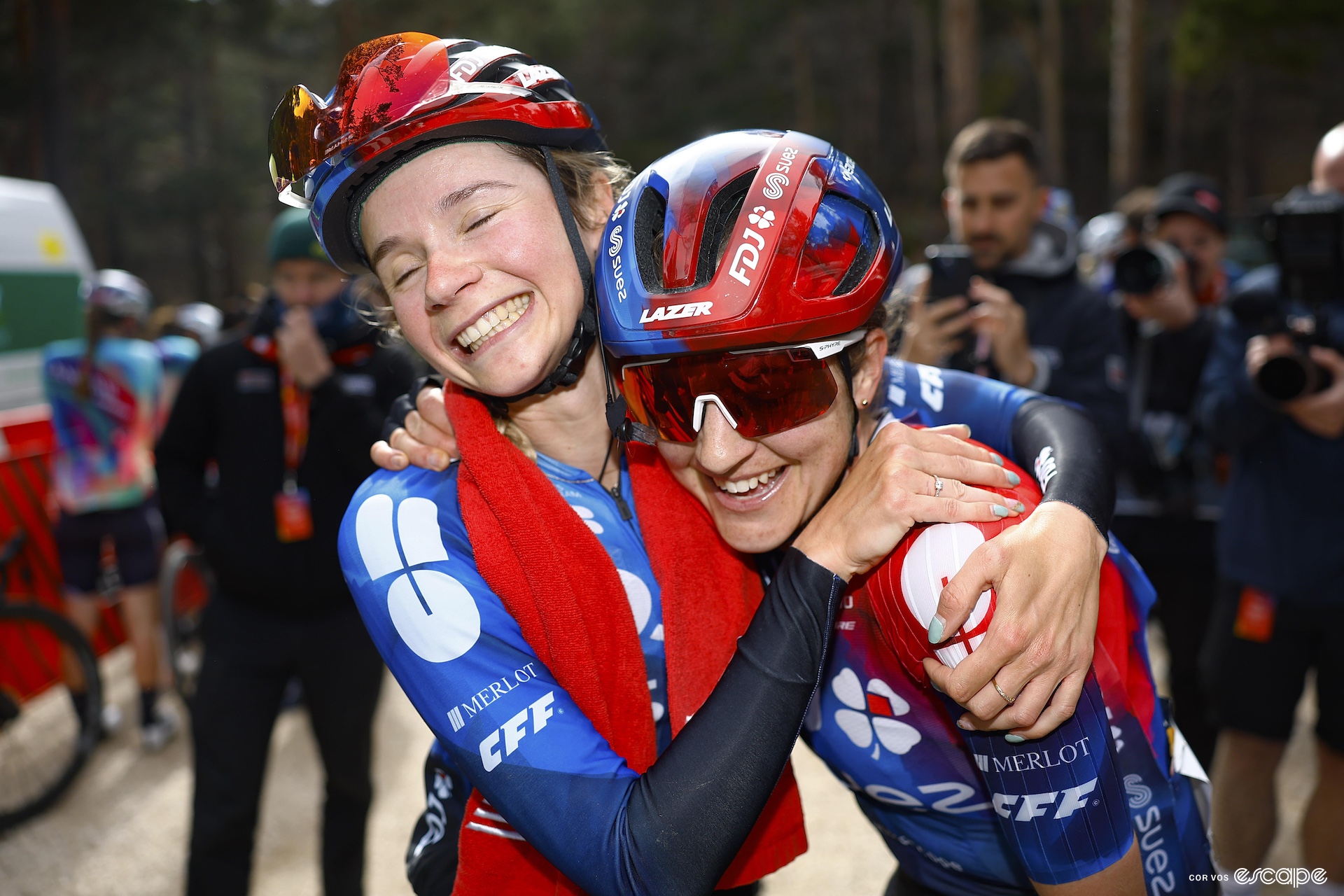Grace Brown and Muzic embrace after Muzic's stage win in La Vuelta