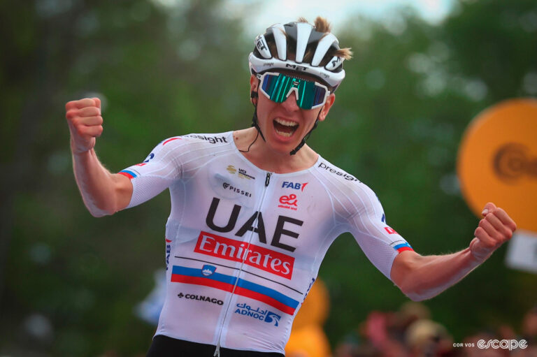 Tadej Pogačar celebrates winning stage 2 of the 2024 Giro d'Italia.