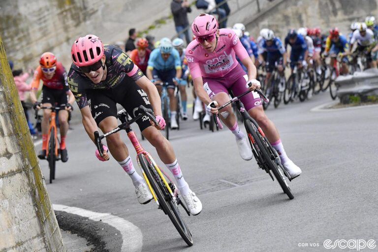 Tadej Pogaćar, in the pink jersey of leader, chases down Mikkel Honoré on stage 3 of the Giro d'Italia. Behind, Geraint Thomas tries to respond as the pack is stunned by the move.