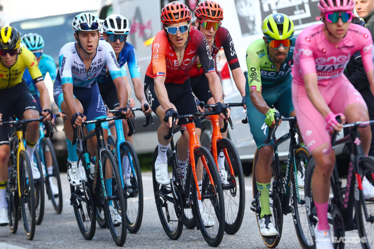 The GC contenders behind pink jersey-wearer Tadej Pogačar during stage 8 of the 2024 Giro d'Italia.