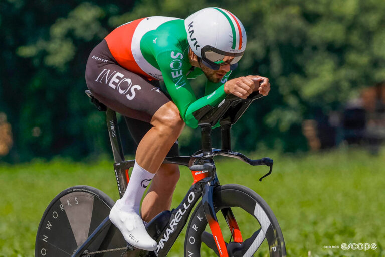 Filippo Ganna in the Italian national time trial champion's skinsuit during stage 14 of the 2024 Giro d'Italia.